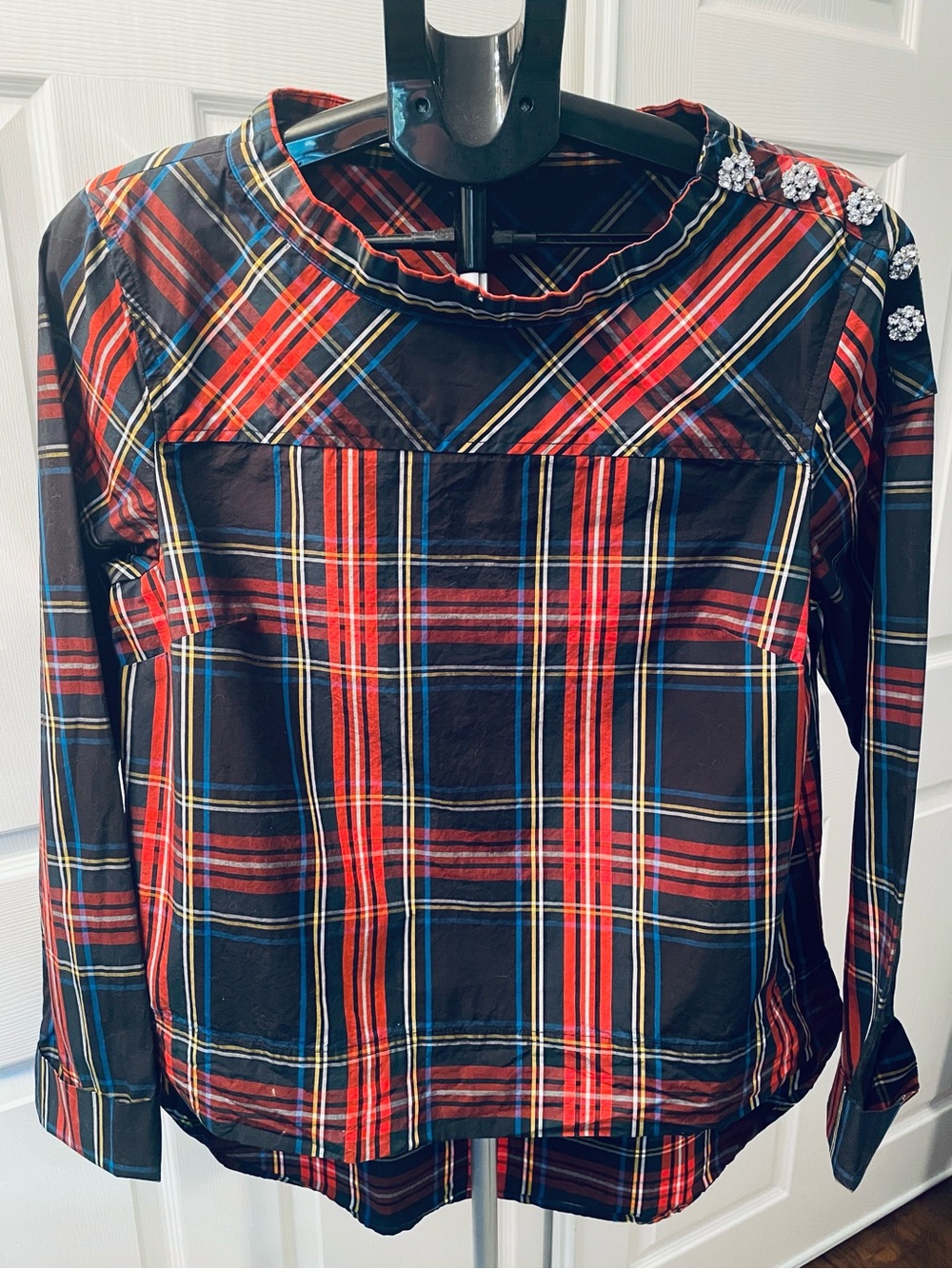 J. Crew Red and Black Plaid Top with Embellished Shoulder
